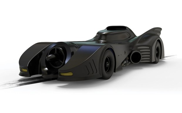Scalextric's 1989 Batmobile slot racing car on white background